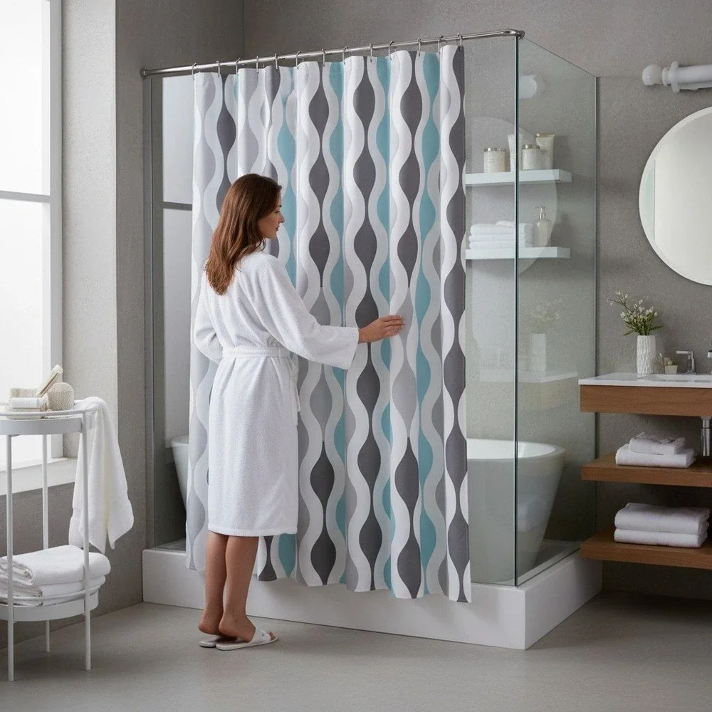 Lush Decor Mid Century Geo Shower Curtain Blue Gray 72x72 Geometric New